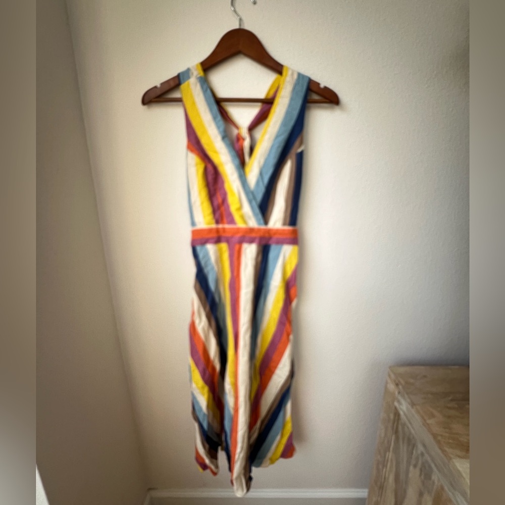 Linen Blend Rainbow Midi Dress With Bow Back & Pockets |Size Small